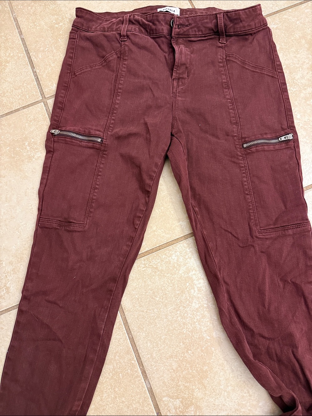 pistola Burgundy Skinny Cargo Pants with Zip Pockets